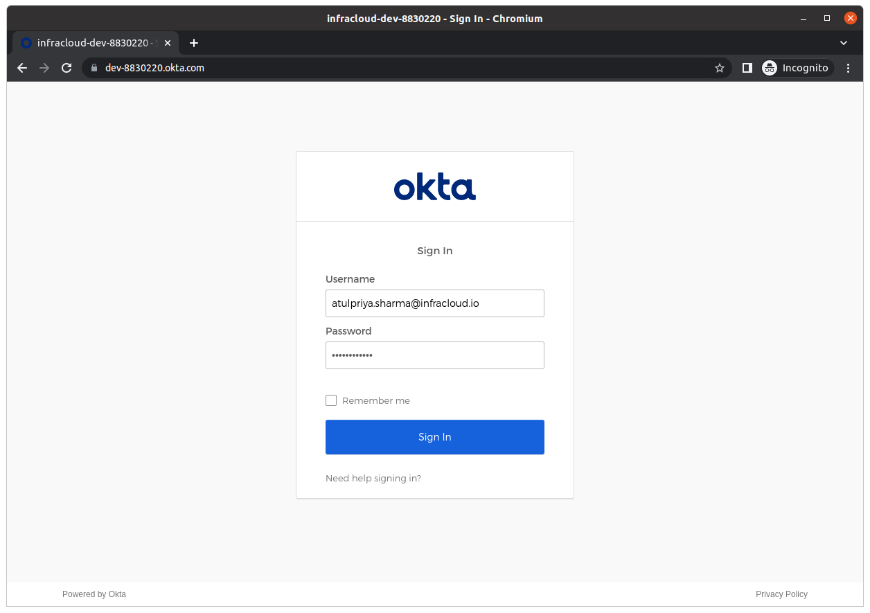 Login using Okta - providing credentials